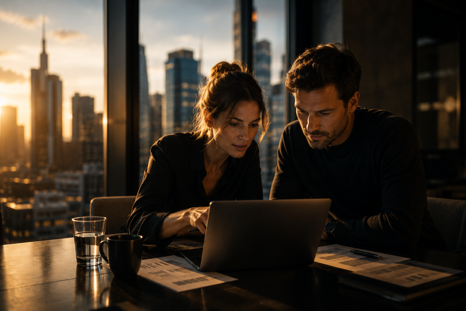 Zwei Fachleute besprechen Strategie vor Skyline bei Abendlicht